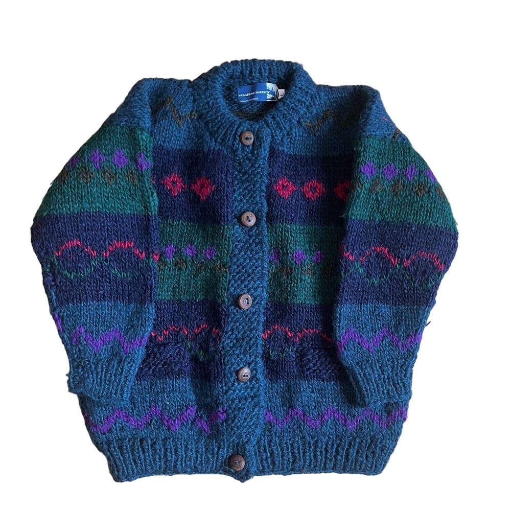Vagabond Imports Vintage Wool Cardigan Womens L Teal Fair Isle Hand Knit Nepal